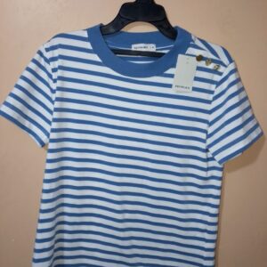 Camiseta para mujer, cuello redondo, sin bolsillo, manga corta, a rayas, textura lisa
