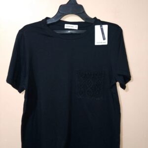 Camiseta para mujer, cuello redondo, con bolsillo en encaje, manga corta, silueta semi-ajustada, textura lisa